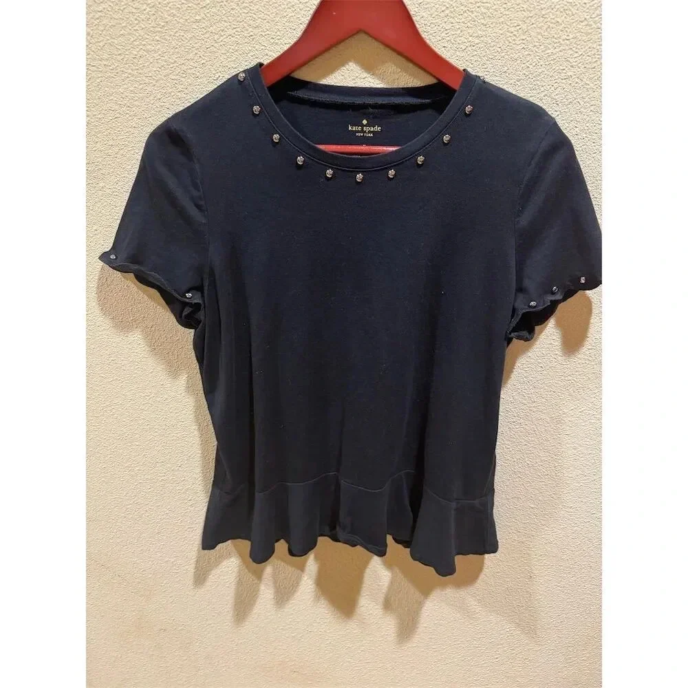 Kate Spade New York‎ Black Studded Peplum Hem Top Short Sleeve Women's M